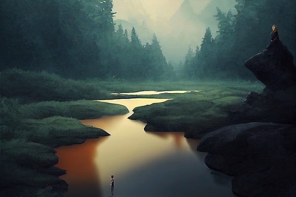 포토 JPG 해외이미지 컨셉 일러스트 상상 자연 산 미술 사람없음 야외 초록색 강 하이킹 숲 언덕 그림 공상 해외202309 해외일러스트 컬러 레저 문화예술 생태계 파일형식