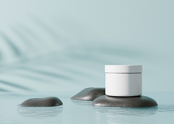 포토 JPG 해외이미지 물결 하늘색 백그라운드 그림자 사람없음 뷰티 화장품 돌_바위 로션 스킨케어 단상 공병 수분크림 포디움 목업 카피스페이스 해외202309 해외포토 파란색 공백 무대 병_담는 파일형식