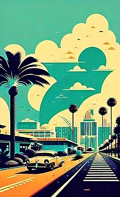 JPG 해외이미지 포스터 도로 여행 일러스트 자동차 사람없음 건물 야자수 태양 도시 빈티지 복고 마이애미 해외202309 해외일러스트 자연요소 나무 건축물 길 육상교통 컨셉 교통시설 파일형식
