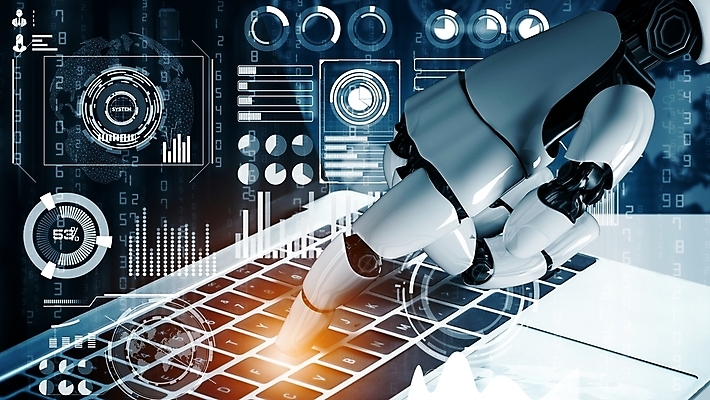 JPG 해외이미지 손 일러스트 그래프 미래 기술 신체부위 파란색 노트북 3D 디지털 터치 가리킴 타이핑 네트워크 로봇 해외202309 해외일러스트 컬러 컨셉 사람 손짓 전자제품 디지털합성 파일형식