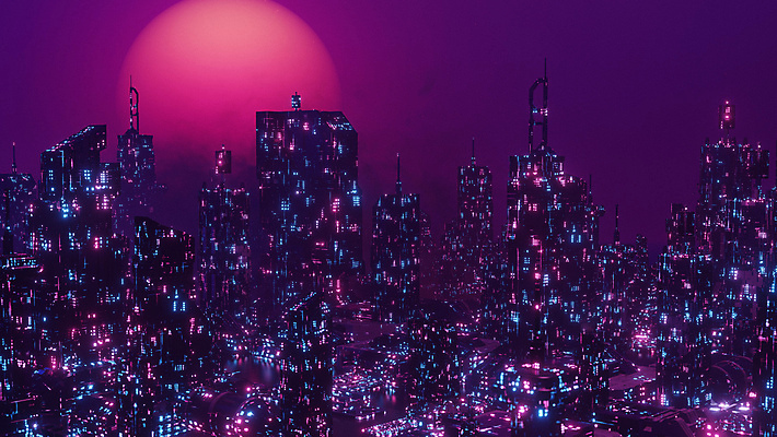 JPG 해외이미지 미래 빌딩 사람없음 건물 빛 3D 보라색 도시 사이버 네온 해외202309 해외포토 포토 건축물 컬러 컨셉 디지털합성 파일형식
