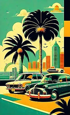 JPG 해외이미지 포스터 도로 여행 일러스트 자동차 사람없음 건물 야자수 태양 도시 빈티지 복고 마이애미 해외202309 해외일러스트 자연요소 나무 건축물 길 육상교통 컨셉 교통시설 파일형식