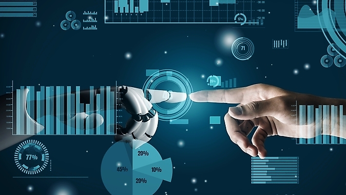 포토 해외이미지 손 비즈니스 그래프 미래 신체부위 파란색 숫자 스크린 기계 터치 가리킴 로봇 AI_인공지능 해외202309 해외포토 AI파일 문자 컬러 컨셉 사람 손짓 파일형식 벡터