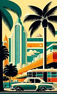 JPG 해외이미지 포스터 도로 여행 일러스트 자동차 사람없음 건물 야자수 태양 도시 빈티지 복고 마이애미 해외202309 해외일러스트 자연요소 나무 건축물 길 육상교통 컨셉 교통시설 파일형식