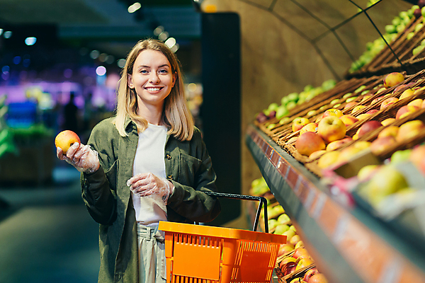 포토 JPG 해외이미지 응시 여자 한명 들기 상반신 성인 앞모습 쇼핑 장보기 사과 마트 과일코너 성인여자한명만 해외202309 해외포토 1 시선 뷰포인트 과일 모션 사람 상점 코너 여자한명만 성인여자만 파일형식