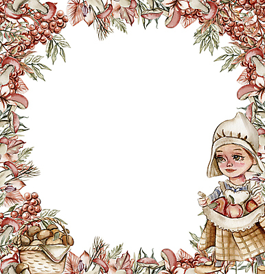 JPG 해외이미지 전신 여자 열매 어린이 잎 과일 일러스트 프레임 한명 들기 바구니 사각형 버섯 화려 소녀한명만 해외202309 해외일러스트 도형 식물 1 컨셉 모션 사람 여자한명만 소녀만 파일형식