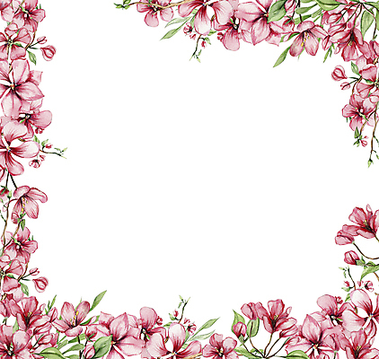 JPG 해외이미지 꽃 분홍색 잎 일러스트 프레임 사람없음 사각형 화려 꽃봉오리 해외202309 해외일러스트 도형 식물 컬러 컨셉 파일형식