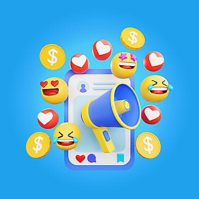 포토 JPG 해외이미지 표정 사람없음 파란색 스마트폰 3D 동전 확성기 하트 이모티콘 마케팅 소셜네트워크 해외202309 해외포토 모양 컬러 돈 핸드폰 스마트기기 디지털합성 파일형식