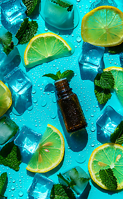 포토 JPG 해외이미지 하늘색 백그라운드 잎 자연 사람없음 아웃포커스 뷰티 얼음 신선 오일 수분 레몬 내추럴 해외202309 해외포토 자연요소 식물 음식 과일 촬영기법 파란색 화장품 생태계 파일형식