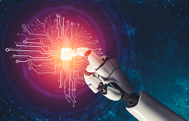 JPG 해외이미지 손 선 미래 기술 신체부위 3D 디지털 보라색 터치 가리킴 네트워크 연결 로봇 AI_인공지능 해외202309 해외포토 포토 컬러 컨셉 사람 손짓 디지털합성 파일형식