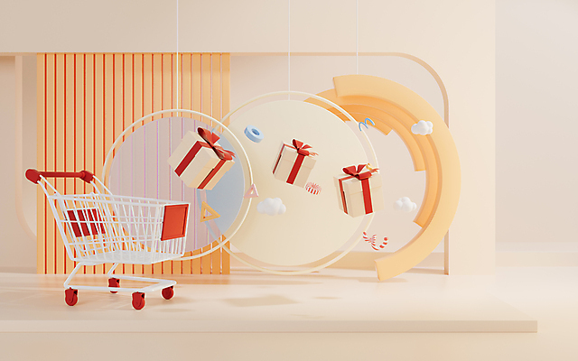 포토 JPG 해외이미지 이벤트 사람없음 선물상자 3D 쇼핑카 원형 살구색 해외202309 해외포토 도형 컬러 선물 쇼핑 상자 카트 디지털합성 파일형식