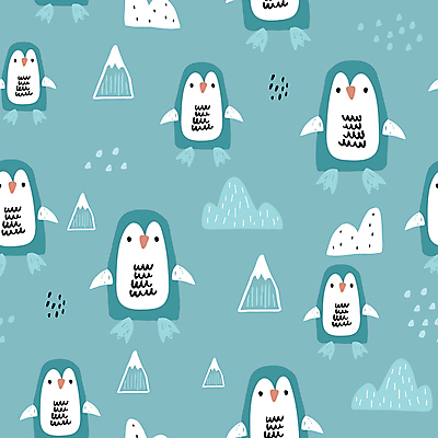 EPS 해외이미지 디자인 백그라운드 패턴 일러스트 벽지 산 사람없음 파란색 귀여움 펭귄 해외202309 해외일러스트 컬러 컨셉 무늬 조류 파일형식 벡터