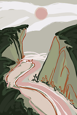 JPG 해외이미지 백그라운드 일러스트 하늘 사람없음 태양 절벽 풀잎 분위기 낙서 강가 해외202309 해외일러스트 자연요소 컨셉 잎 강 풀_식물 파일형식