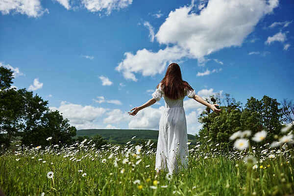 포토 JPG 해외이미지 원피스 여자 꽃밭 하늘 휴식 한명 상반신 성인 뒷모습 파란색 손들기 평화 성인여자한명만 해외202309 해외포토 1 옷 꽃 뷰포인트 컬러 컨셉 모션 사람 여자한명만 성인여자만 파일형식