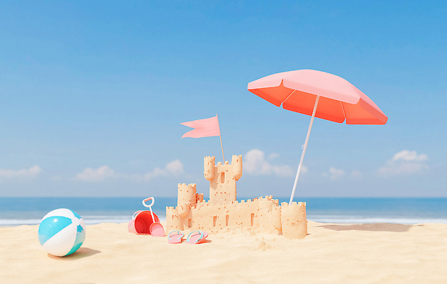 JPG 해외이미지 무료이미지 휴가 사람없음 모래사장 파라솔 비치볼 모래성 해외202309 해외포토 포토 모래 바다 공 바캉스용품 파일형식