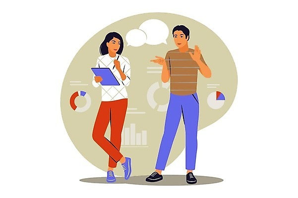 EPS 해외이미지 전신 여자 남자 말풍선 일러스트 비즈니스 회의 그래프 서기 손짓 성인 두명 기록 성인만 해외202309 해외일러스트 모션 사람 파일형식 벡터