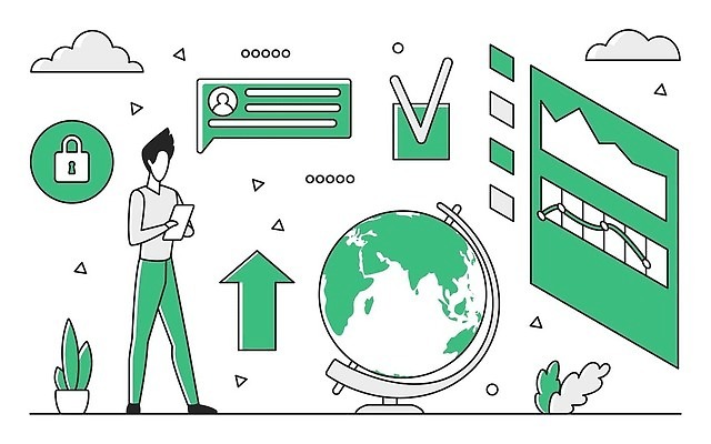 EPS 해외이미지 전신 남자 화살표 일러스트 비즈니스 그래프 한명 성인 초록색 글로벌 지구본 자료 분석 체크표시 보안 성인남자한명만 해외202309 해외일러스트 1 컬러 컨셉 안전 사람 확인 남자한명만 성인남자만 파일형식 벡터