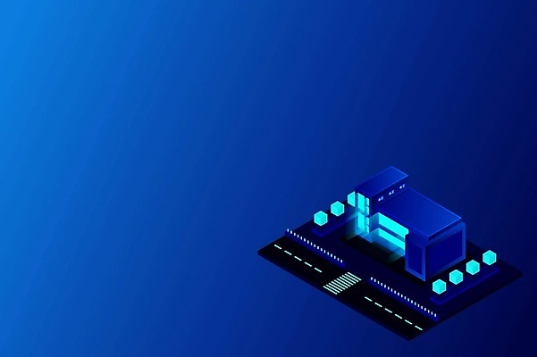 EPS 해외이미지 백그라운드 일러스트 빌딩 사람없음 건물 파란색 도시 횡단보도 네온 아이소메트릭 해외202309 해외일러스트 건축물 컬러 보행로 파일형식 벡터