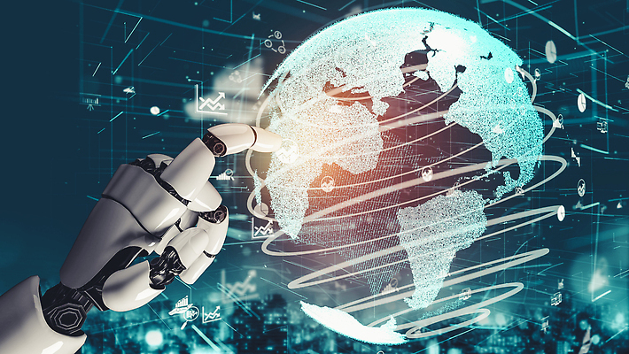 JPG 해외이미지 손 일러스트 미래 기술 신체부위 파란색 지구본 3D 디지털 터치 가리킴 네트워크 로봇 해외202309 해외일러스트 컬러 컨셉 사람 손짓 디지털합성 파일형식