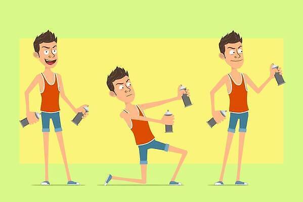 EPS 해외이미지 캐릭터 남자 행복 얼굴 스포츠 일러스트 반바지 거리 미술 서기 소년 세트 페인트 표현 작업 플랫 캔 그래피티 만화 사인 분무기 애니메이션 고립 스타일 벡터 해외202309 해외일러스트 일러캐릭터 감정 어린이 바지 모션 문화예술 사람 신체부위 낙서 그림 파일형식