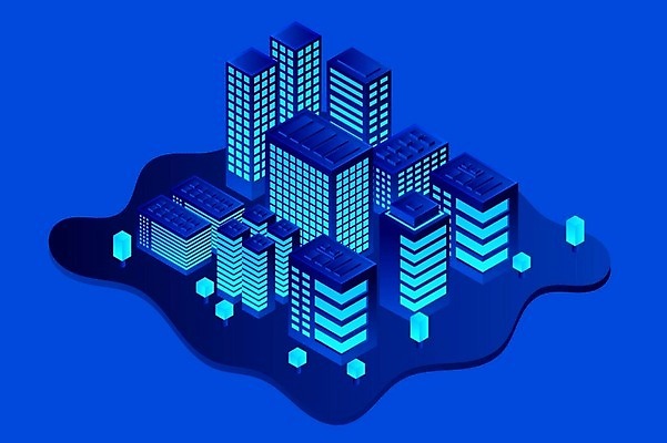 EPS 해외이미지 백그라운드 일러스트 빌딩 사람없음 건물 파란색 도시 네온 아이소메트릭 해외202309 해외일러스트 건축물 컬러 파일형식 벡터