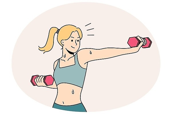 EPS 해외이미지 무료이미지 여자 일러스트 한명 들기 상반신 성인 운동복 아령 웨이트트레이닝 땀 성인여자한명만 해외202309 해외일러스트 1 옷 모션 사람 운동 여자한명만 성인여자만 파일형식 벡터