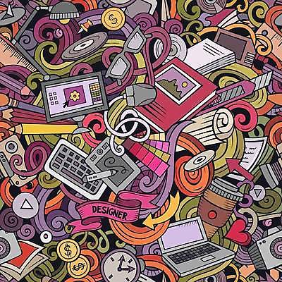 EPS 해외이미지 안경 백그라운드 패턴 일러스트 색연필 자 사람없음 노트북 태블릿 모니터 키보드 붓 낙서 디자이너 가득함 커터칼 태블릿펜 해외일러스트 직업 잡화 무늬 문구용품 학용품 전자제품 스마트기기 컴퓨터 펜 사무용품 파일형식 벡터