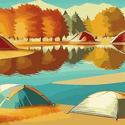 EPS 해외이미지 나무 여행 일러스트 텐트 사람없음 노란색 캠핑 캠핑장 해외202309 해외일러스트 식물 컬러 레저 캠핑도구 파일형식 벡터