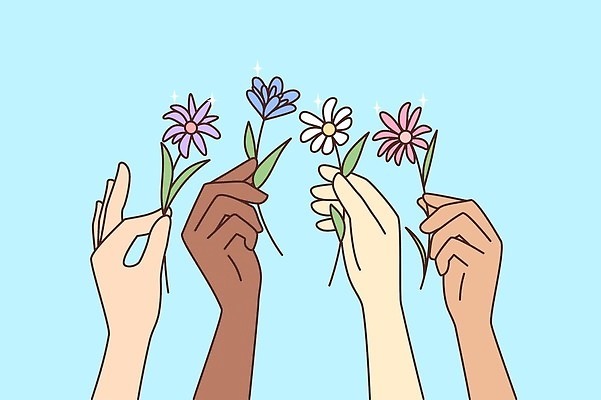 EPS 해외이미지 라이프스타일 손 꽃 일러스트 들기 신체부위 반짝임 기쁨 해외일러스트 식물 감정 모션 사람 생활 파일형식 벡터