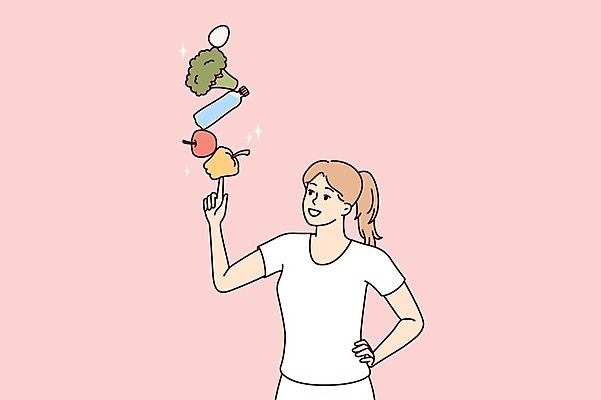 EPS 해외이미지 여자 음식 허리손 채소 일러스트 건강 식이요법 한명 들기 상반신 성인 건강식 영양분 성인여자한명만 해외202309 해외일러스트 1 포즈 모션 사람 여자한명만 성인여자만 파일형식 벡터