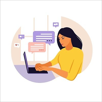 EPS 해외이미지 여자 말풍선 일러스트 비즈니스 한명 상반신 성인 노트북 성인여자한명만 해외202309 해외일러스트 1 사람 전자제품 여자한명만 성인여자만 파일형식 벡터