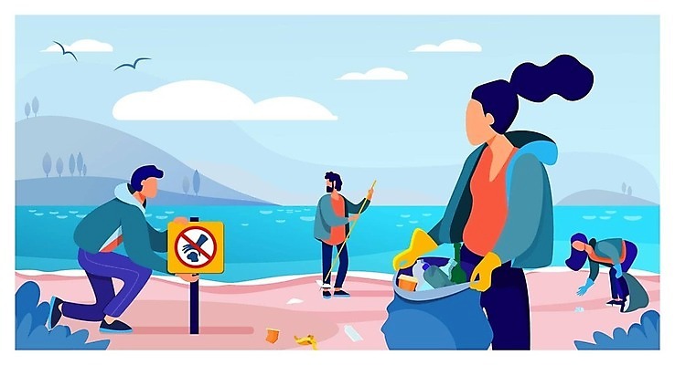 EPS 해외이미지 전신 여자 남자 일러스트 산 숙이기 여러명 성인 해변 그린캠페인 금지 쓰레기 풀숲 쓰레기봉투 쓰레기불법투기 쓰레기줍기 성인만 해외202309 해외일러스트 캠페인 바다 포즈 다수 봉투 사람 숲 파일형식 벡터 줍기