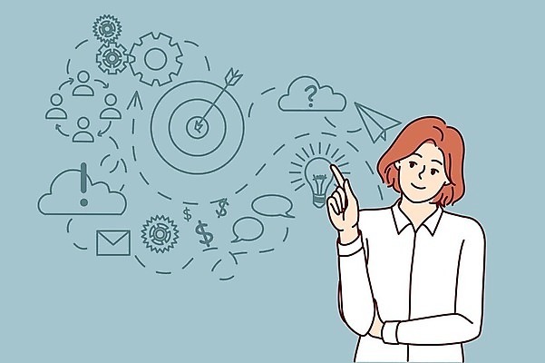 EPS 해외이미지 여자 생각 일러스트 사업가 아이디어 한명 상반신 성인 가리킴 비즈니스우먼 성인여자한명만 해외202309 해외일러스트 직업 1 컨셉 비즈니스 사람 손짓 직장인 여자한명만 성인여자만 파일형식 벡터