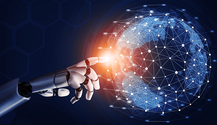 JPG 해외이미지 손 선 일러스트 미래 기술 신체부위 지구본 3D 디지털 주황색 터치 가리킴 원형 네트워크 연결 로봇 해외202309 해외일러스트 도형 컬러 컨셉 사람 손짓 디지털합성 파일형식