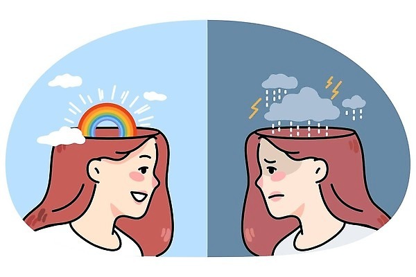 EPS 해외이미지 여자 감정 얼굴 무지개 생각 일러스트 스트레스 성인 두명 마주보기 기쁨 표현 비교 번개 긍정 비구름 부정적 성인여자만 해외202309 해외일러스트 자연요소 컨셉 모션 날씨 사람 신체부위 먹구름 여자만 성인만 파일형식 벡터 구름_자연
