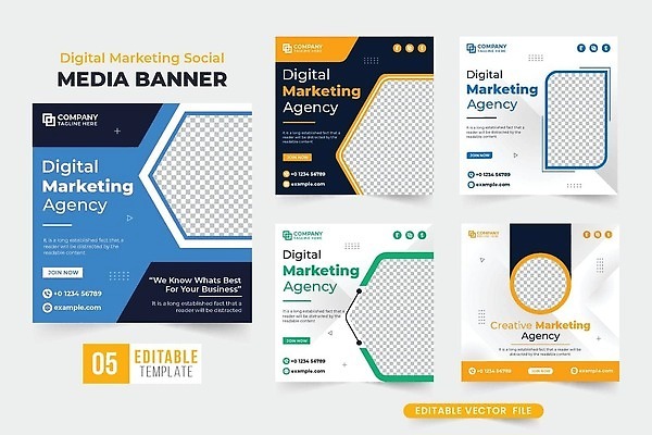 EPS 해외이미지 템플릿 배너 포스터 일러스트 회사 비즈니스 세트 사무실 디지털 수집 보따리 레이아웃 승진 마케팅 세미나 소셜미디어 웨비나 해외202309 해외일러스트 파일형식 벡터 언택트