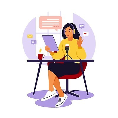 EPS 해외이미지 전신 여자 말풍선 의자 일러스트 비즈니스 한명 앉기 성인 머그컵 책상 마이크 손인사 녹음기 성인여자한명만 해외202309 해외일러스트 1 음향기기 가구 모션 사람 컵 인사 여자한명만 성인여자만 파일형식 벡터 녹음_기록