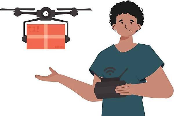 EPS 해외이미지 남자 일러스트 미래 한명 들기 손짓 상반신 성인 화물 스마트 배송 택배상자 로봇산업 드론 조종장치 성인남자한명만 해외202309 해외일러스트 1 산업 컨셉 모션 사람 상자 장비 운송업 로봇 택배 남자한명만 성인남자만 파일형식 벡터