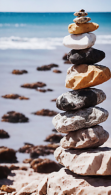 JPG 편집이미지 해변 사람없음 쌓기 희망 돌_바위 기도 석탑 디지털합성 소원 소원탑 편집실사 AI포토 AI콘텐츠 감정 바다 모션 탑 CG 파일형식