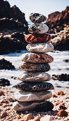 JPG 편집이미지 해변 사람없음 쌓기 희망 돌_바위 바위 기도 석탑 디지털합성 소원 소원탑 편집실사 AI포토 AI콘텐츠 감정 바다 모션 탑 CG 파일형식