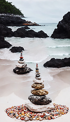 JPG 편집이미지 섬 해변 사람없음 쌓기 희망 돌_바위 바위 기도 석탑 디지털합성 소원 소원탑 편집실사 AI포토 AI콘텐츠 감정 바다 모션 탑 CG 파일형식