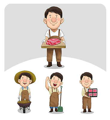 전신 남자 일러스트 생고기 선물 서기 들기 여러명 성인 파이팅 소고기 잡기 축산업 농부 밀 삽 나무도마 외발수레 성인남자만 월간캐릭터 일러캐릭터 AI파일 직업 캐릭터 산업 다수 모션 곡류 도마 육류 사람 목재 수레 남자만 성인만 파일형식 벡터