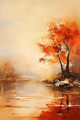 JPG 호수 낙엽 일러스트 자연 하늘 단풍나무 풍경 사람없음 가을풍경 주황색 가을 유화 국내일러스트 AI일러스트 AI콘텐츠 나무 계절 컬러 단풍 잎 미술 생태계 파일형식 가을_계절