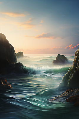 JPG 구름 편집이미지 물결 파도 바다 풍경 사람없음 일출 바위 편집실사 AI컴퓨터그래픽 AI콘텐츠 자연요소 노을 돌_바위 CG 파일형식