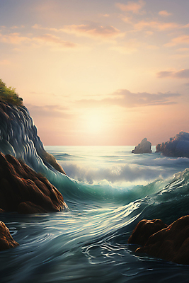 JPG 구름 편집이미지 물결 파도 바다 풍경 사람없음 태양 일출 바위 편집실사 AI컴퓨터그래픽 AI콘텐츠 자연요소 노을 돌_바위 CG 파일형식