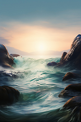 JPG 구름 편집이미지 물결 파도 바다 풍경 사람없음 태양 일출 바위 편집실사 AI컴퓨터그래픽 AI콘텐츠 자연요소 노을 돌_바위 CG 파일형식