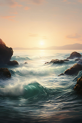 JPG 구름 편집이미지 물결 파도 바다 풍경 사람없음 태양 일출 바위 편집실사 AI컴퓨터그래픽 AI콘텐츠 자연요소 노을 돌_바위 CG 파일형식