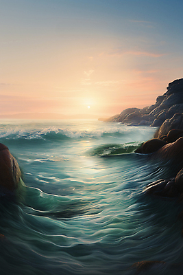 JPG 구름 편집이미지 물결 파도 바다 풍경 사람없음 태양 일출 바위 편집실사 AI컴퓨터그래픽 AI콘텐츠 자연요소 노을 돌_바위 CG 파일형식