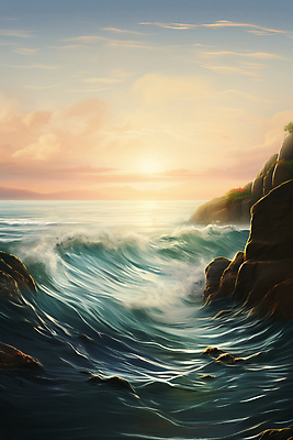 JPG 구름 편집이미지 물결 파도 바다 풍경 사람없음 태양 일출 바위 편집실사 AI컴퓨터그래픽 AI콘텐츠 자연요소 노을 돌_바위 CG 파일형식