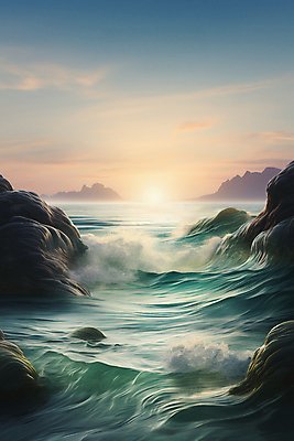 JPG 구름 편집이미지 물결 파도 바다 산 풍경 사람없음 태양 일출 바위 편집실사 AI컴퓨터그래픽 AI콘텐츠 자연요소 노을 돌_바위 CG 파일형식